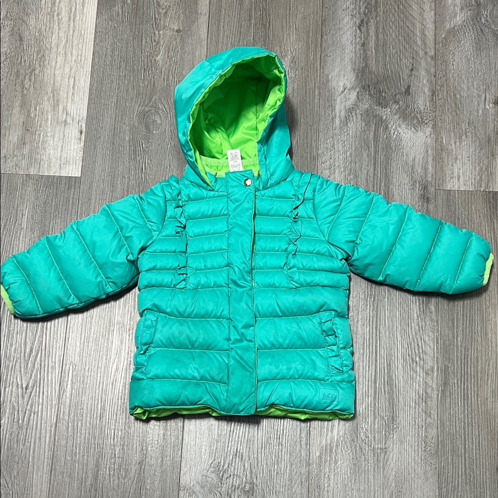 REI baby puffer Jacket / teal & lime green / size 12M